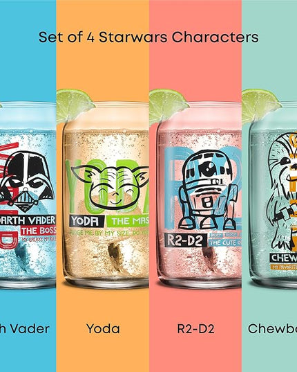 JoyJolt Star Wars Now Playing Collection Tumblers, 16.9oz Classic Can Shape Glass Tumbler Set of 4 w/Glass Straws