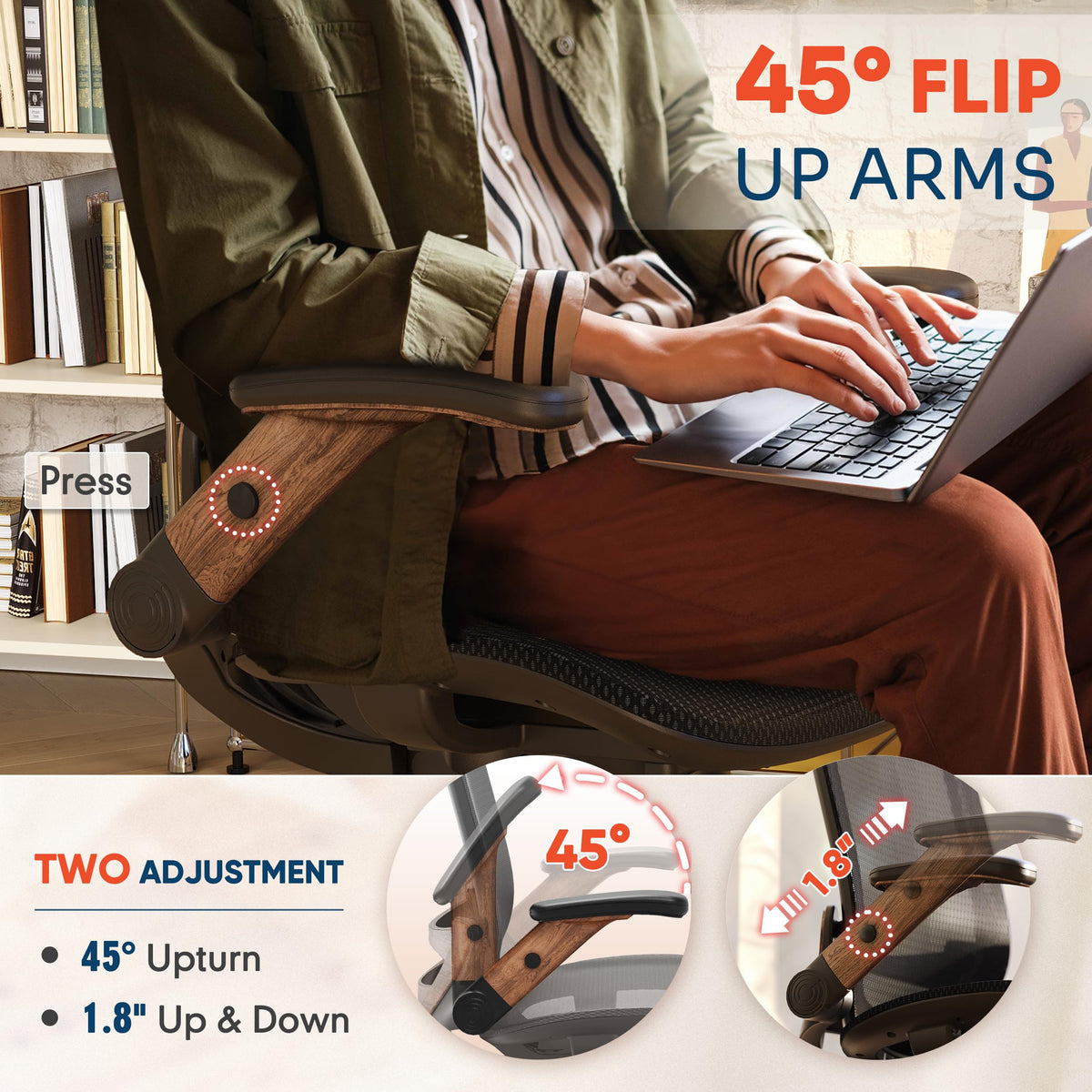 GABRYLLY Ergonomic Office Chair, High Back Home Desk Chair with 2D Flip-Up Arms, 3D Headrest, 90-120° Tilt and Wide Cushion, Big and Tall Mesh Chairs for Man Woman, Computer Task Chair Dark Wood Grain