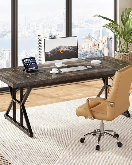 LITTLE TREE 70.8-Inch Large Executive Desk, Extra Long Computer Office Desk Workstation, Modern Simple Style Laptop Table, Sturdy Wooden Writing Workstation for Home Black Oak