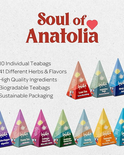Lazika Tea Variety Pack with Lovely Presentation Box, Black, Green and Herbal Tea Sampler Gift Set, 10 Counts, Premium Collection with Pyramid Infuser Bag, Handcrafted