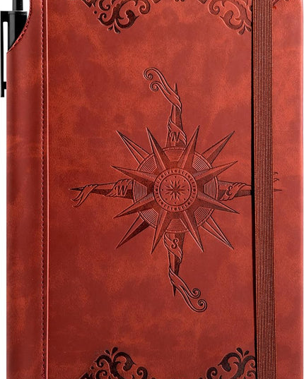 CAGIE Compass Leather Notebook Journal for Men, 100 GSM 288 Pages Lined Journals for Writing, A5 Hardcover Journaling Notebooks Gift Set with Pen for Travel Office Daily Writing