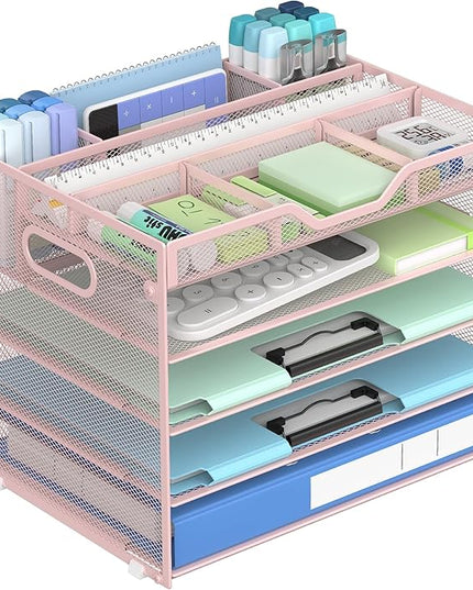 Docnest 5 Tier Mesh Desk Organizer- Letter Tray with Adjustable Compartments, Mesh Desktop Storage Built in Pen Holder and Handles, Desk Organizer Tray for Mail Documents Office Supplies–Pink