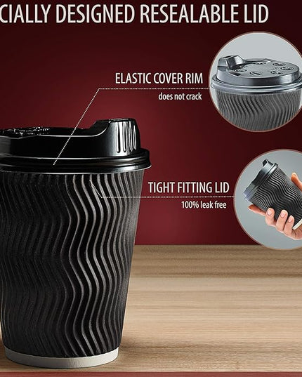 Primens Insulated Disposable Coffee Cups with Lids & Straws 12 oz, 100 Packs - Paper Cups for Hot Beverage Drinks To Go Tea Coffee Home Office Car Coffee Shop Party (Black)