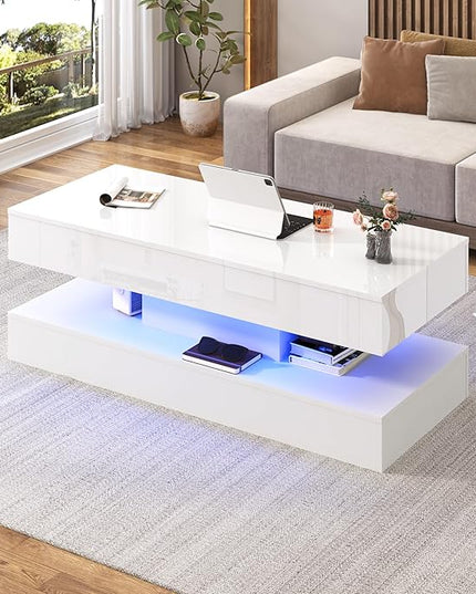 47.2" Large Lift Top Coffee Table,Modern High Glossy LED Coffee Tables for Living Room with Storage Drawer,White Living Room Tables for Livingroom,Dining Room,Bedroom Home Office(White)