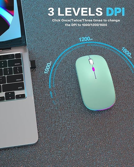Wireless Bluetooth Mouse - Rechargeable Laptop Mice - with LED Lights,Dual Mode(Bluetooth 5.2 & Portable USB 2.4G) Connection,Silent Computer Mouse for Laptop,iPad,Tablet,MacBook,& PC(Green)