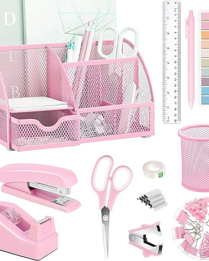 Pink Office Desk Accessories Supplies, 12pcs Desk Organizers and Accessories with Tape dispenser and Stapler,Staples,Staple Remover,Pen Holder,Scissor,Ruler,Sticky Tabs,Tape,Ballpoint Pen,Clips Set