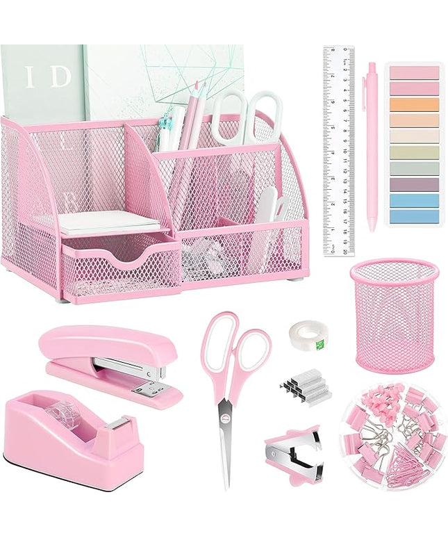 Pink Office Desk Accessories Supplies, 12pcs Desk Organizers and Accessories with Tape dispenser and Stapler,Staples,Staple Remover,Pen Holder,Scissor,Ruler,Sticky Tabs,Tape,Ballpoint Pen,Clips Set