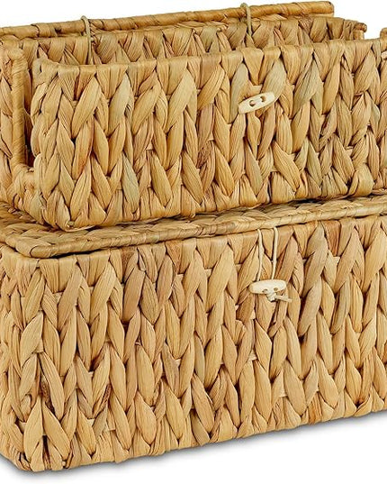 efluky 2 Pack Hand-Woven Cable Management Box with Lid, Water Hyacinth Open Slots Cord Box to Hide USB Wire, Power Strip & Charger for Home & Office and Dorm, Natural