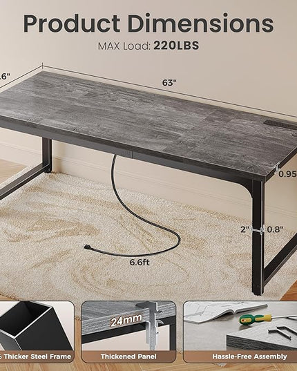 Huuger 63 x 24 inch Desk with Power Outlets & USB-C, Deeper & Thicker Desktop, Robust Metal Tubes, Computer Desk, Heavy Duty Office Desk, Work Gaming Desk, for Home Office, Grey