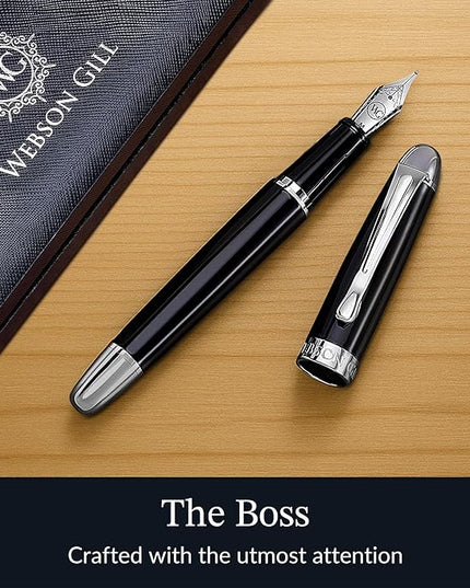 Webson Gill The Boss' Black Luxury Executive Fountain Pen, Polished Lacquer & Chrome, Medium Nib, Smudge Free No Bleed, Use Any Fountain Ink with Included Converter, Fits Cartridges (sold separately)