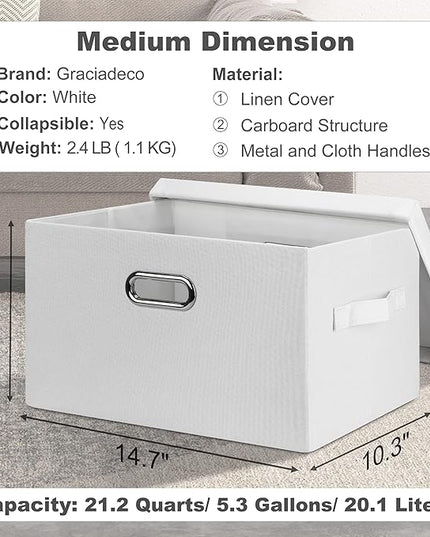 Medium 15" 21 Quart Collapsible Stackable Storage Bins with Lids, 3 Packs White Foldable Fabric Closet Boxes Heavy-duty Linen Cube Baskets Container for Bedroom Office (15 x 11 x 8)