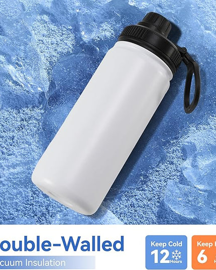 DOMICARE 16 oz Kids Water Bottle for School Stainless Steel Double Wall Vacuum Insulated Water Bottle with Straw lids & Spout Lid, Leakproof BPA Free (White,8)