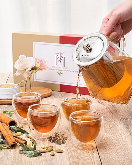 Mixpresso 5 Piece Glass Tea Pot Set, Kettle with Removable Infuser, Clear Glass Teapot 33oz With 4 Double Wall Cups 2.7oz Stovetop Safe Teapot For Loose Leaf Tea, Perfct As Tea Gift Sets.