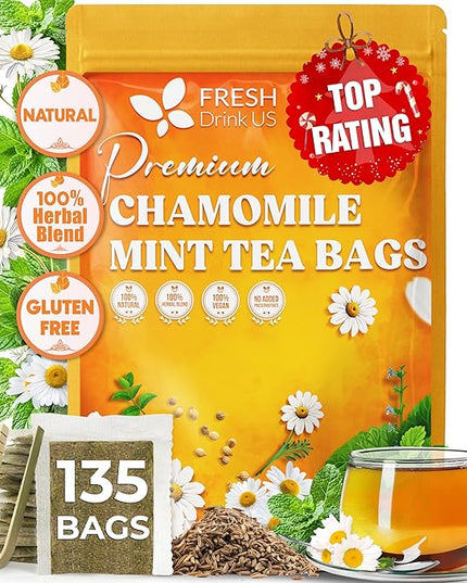 FreshDrinkUS, Chamomile Mint Tea Bags | 135 Count | Refreshing Herbal Blend of Chamomile Flower, Peppermint, Lemon Balm & other herbs – Smooth Floral & Minty Flavor – Premium Quality, Caffeine-Free