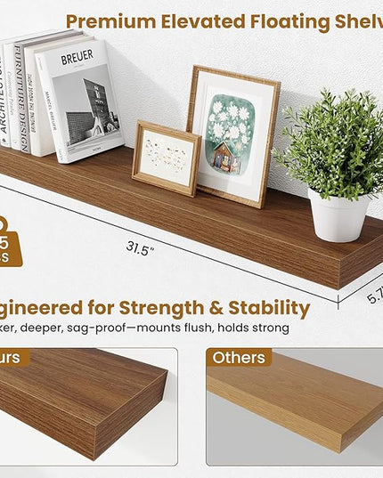 Fun Memories Bathroom Shelves 32 Inch Long Set of 2, Floating Shelves for Wall with Invisible Brackets, for Bedroom, Living Room, Kitchen, Walnut