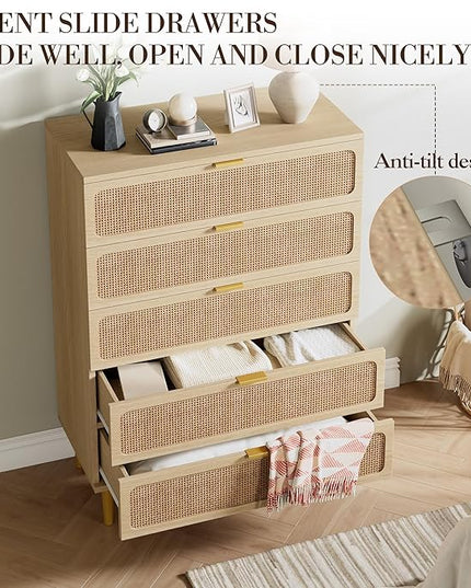 Garvee Rattan Dresser with 5 Drawers, Tall Modern Closet with Deep Storage, Large Chest of Drawers with Wide Top, Long Wooden Dresser for Bedroom, Living Room, Hallway, Kids Room, Natural