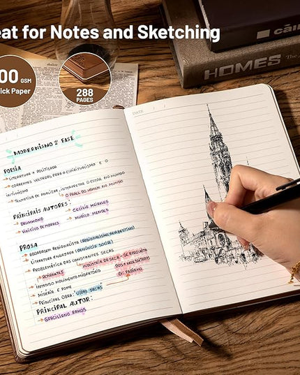 CAGIE Compass Leather Notebook Journal for Men, 100 GSM 288 Pages Lined Journals for Writing, A5 Hardcover Journaling Notebooks Gift Set with Pen for Travel Office Daily Writing