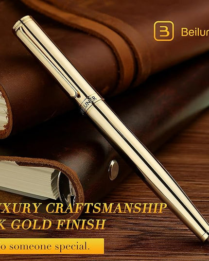 BEILUNER Gold Fountain Pen,Stunning Luxury Pens with 24K Gold Finish, Gorgeous 24K Gilded Nib(Medium), Fancy Pen Gift Set for Men&Women -Ink Converter-Elegant,Office,Nice Pen for Writing
