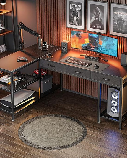 PRAISUN 55 Inch L Shaped Office Desk with Power Outlets and Type-C Port, Large Computer Gaming Desk with 3 Fabric Drawers, Mesh Shelves, Corner Study Work Writing Desk, Black