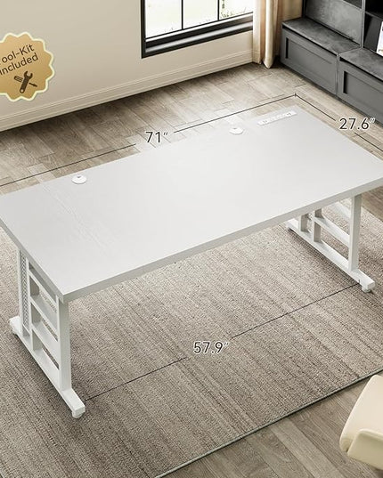 Coleshome 71 Inch Executive Desk with USB Ports, Large Computer Desk with Extra Thick, Long Mordern Office Workstation, Business Furniture for Home Office, White