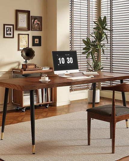 Solid Wood Desk 55 inches, Home Office Computer Desk Wooden Rustic Writing Desk Metal Modern Simple Design Executive Real Wood Desk(Walnut)