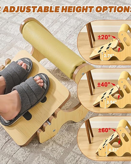 Foot Rest for Under Desk at Work- Adjustable Rocking Foot Stool with 3 Height Positions and Soft Crossbar, Ergonomic Wooden Footrest with Anti-Slip Surface for Home, Office