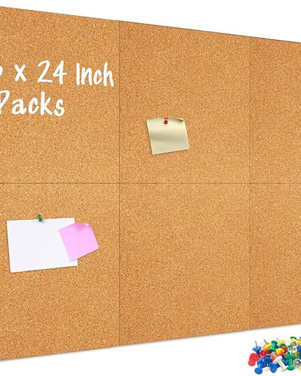 DOLLAR BOSS Cork Board Tiles, 6 Packs 12" x 12" 1/2" Thick Cork Bulletin Board Self Adhesive Corkboards for Walls with 60 Pushpins for Home Office Kitchen School Decor Display