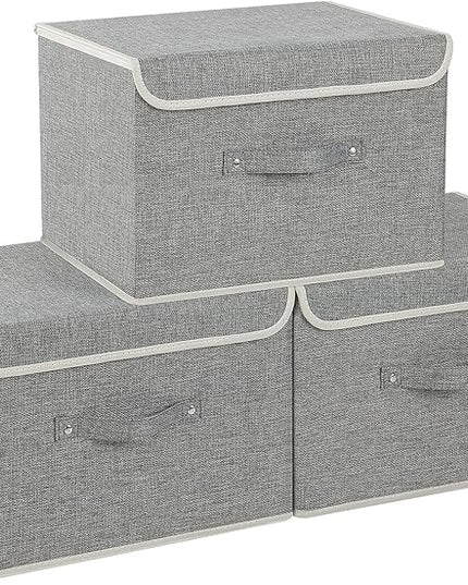 Fabric Storage Bins Cube Organizers with Flip-Top Lid and Handles,Storage Boxes for Organizing Home,Office,and Closet,Grey,3 Pack 15 x 9.8 x 9.8 in