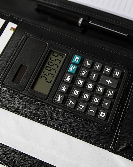 Cossini Black Superior Vegan Leather Business Portfolio with Zipper – Padfolio All-in-One. Smartest Protective 10.1 Inch Tablet Sleeve, Presentation Slot, Solar Calculator, Card Storage, Writing Pad
