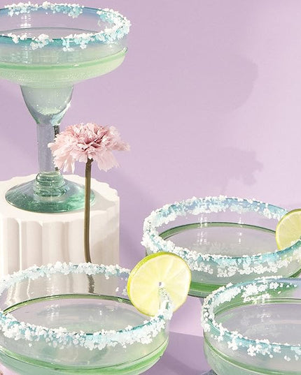 MyCajita Mexican Glassware, Aqua Rims 16oz Margarita Glasses, Set of 4 Unique Hand Blown Glass, Handcrafted by Talented Artisans Thick & Sturdy Easy to hold