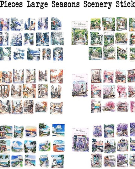 Dwpetzo 90 Pieces Large Seasons Scenery Stickers for Journaling, Watercolor Sylte Transparent PET Stickers for Scrapbooking, Junk Journal Supplies, Collage, Scrap Book, DIY Crafts Arts