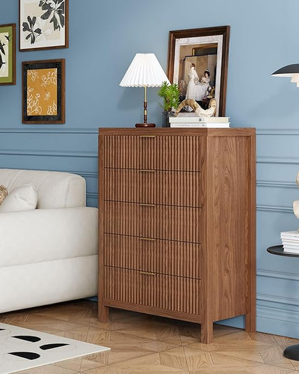 JZXSHD 43" 5 Drawer Dresser Tall Dresser Organizer TV Drawer Cabinet Modern Wood Storage Cabinet, Modern Wood Storage Cabinet for Bedroom, Hallway, Entryway, Walnut