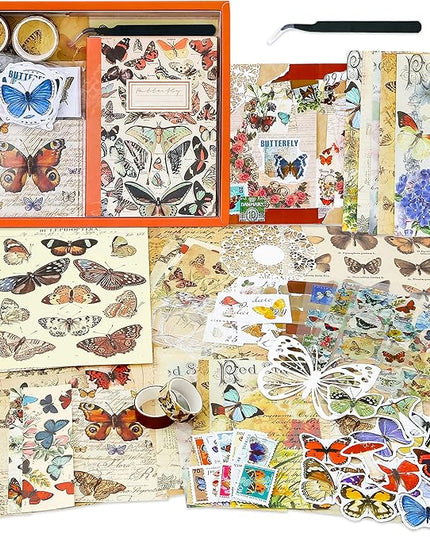 emmoolife Vintage Aesthetic Scrapbooking Supplies Kit, Butterfly Junk Journal Scrapbook Kit with Journaling Supplies, A6 Grid Notebook, Stationery, Birthday Craft Gift Set for Teen Girl Women