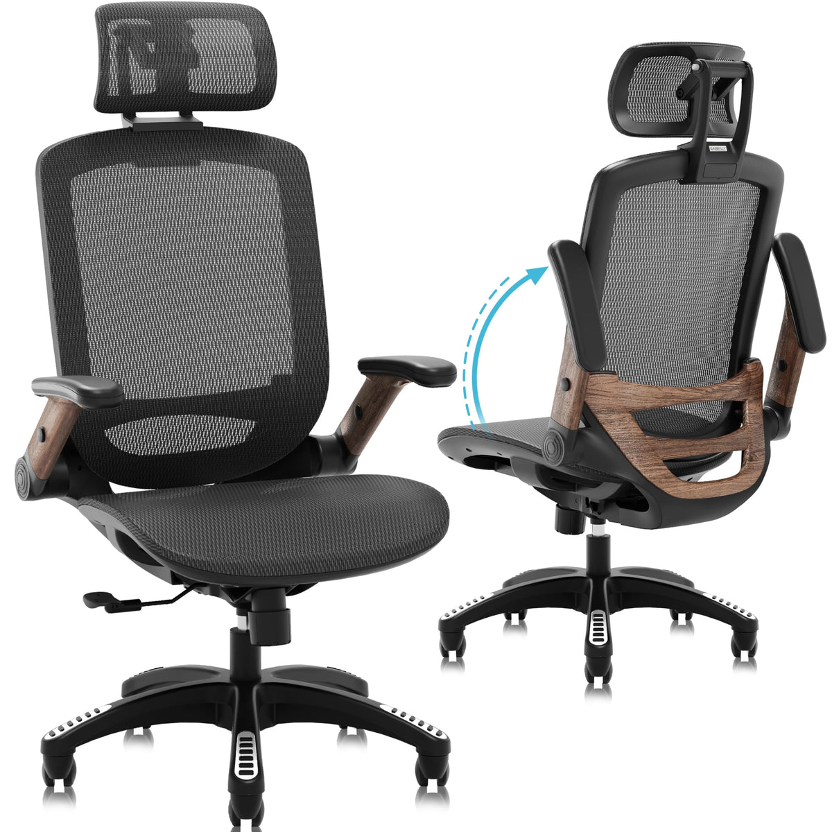 GABRYLLY Ergonomic Office Chair, High Back Home Desk Chair with 2D Flip-Up Arms, 3D Headrest, 90-120° Tilt and Wide Cushion, Big and Tall Mesh Chairs for Man Woman, Computer Task Chair Dark Wood Grain