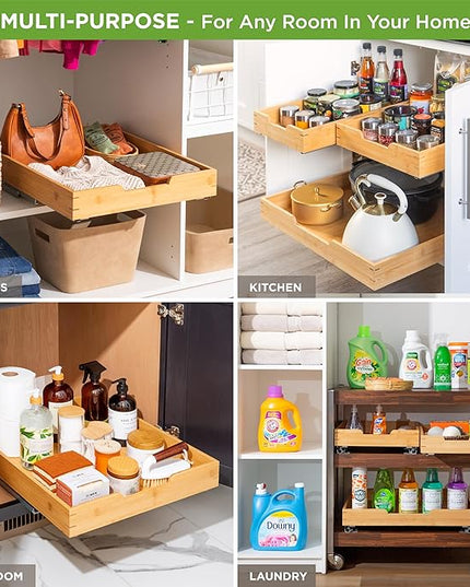 HOLDN’ STORAGE Bamboo Wooden Pull out Cabinet Organizer. 17" W x 21" D - Requires At Least a 18.25" W x 21" D.Cabinet Opening. W/Lifetime Limited Warranty. Bamboo Tray and Heavy gauge metal rails.