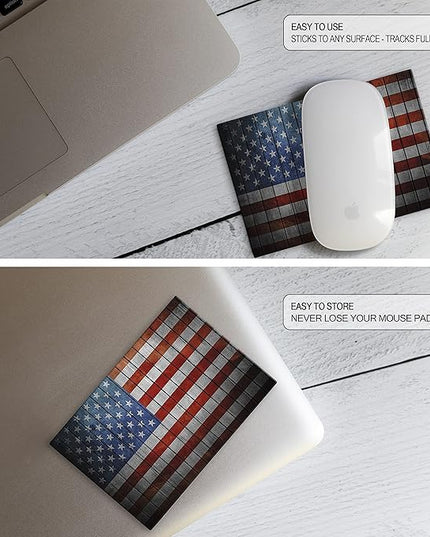 Adhesive Mouse Pad - Peel and Sticks to Any Surface - Travel Mouse Pad, Sticky for Any Surface - Excellent Tracking - USA Flag Wooden