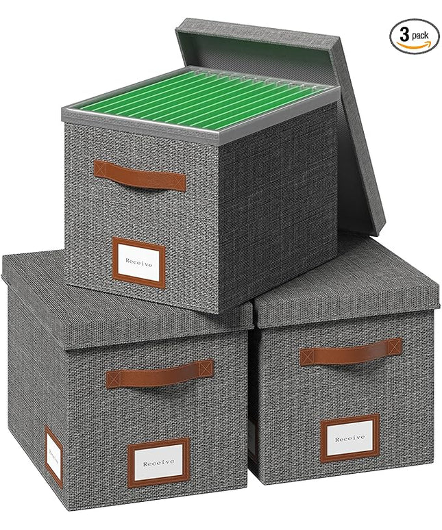 File Organizer Box with Lid File Box for Hanging Decorative File Organizer with One-Piece Integrated Plastic Slide Rail (Grey, 13.2x10.1x10.1inch(3pack))
