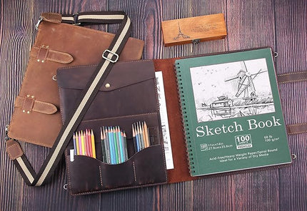 Robrasim Handmade Leather Sketchbook Cover, Artist Sketch Pad Holder for 11"X14" Sketchbook, Drawing Book and Pencil Case, Journal Notebook Portfolio with Shoulder Strap, Artist Gifts, Coffee