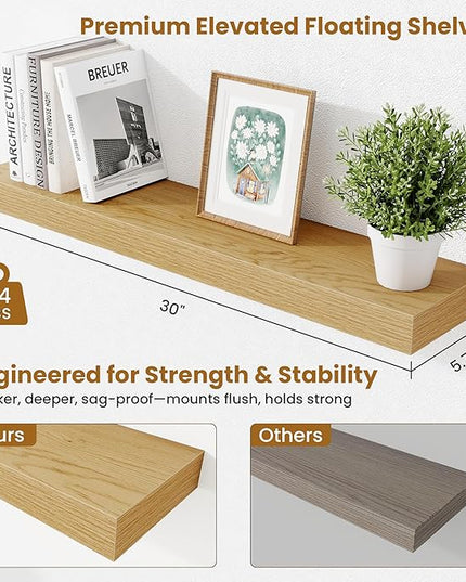 Fun Memories Floating Shelves 30 Inch, Wall Mounted Wood Shelf Set of 2, Farmhouse Decor for Bathroom, Bedroom, Kitchen, Living Room, Oak