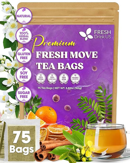 FreshDrinkUS, Fresh Move Tea – 75 Tea Bags - Herbal Tea Blend with Senna Leaves, Cinnamon, Orange Peel, Ginger & More – Caffeine-Free, Natural Ingredients – Smooth Flavor for Everyday Enjoyment