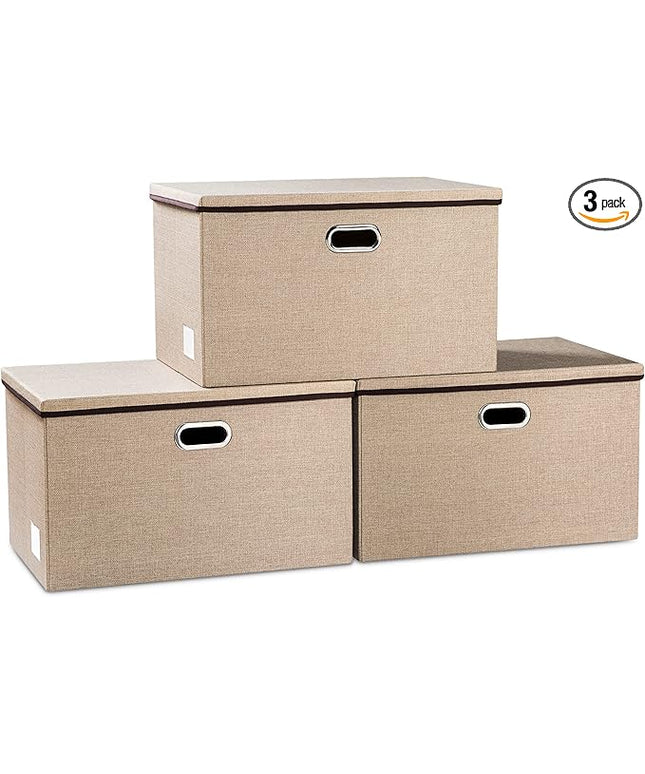 PRANDOM Extra Large Collapsible Storage Bins with Lids [3-Pack] Linen Fabric Foldable Storage Baskets Boxes Organizer Containers Cube with Cover for Bedroom Closet Office Nursery (22.8x15.75x13.8)
