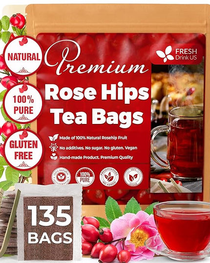 FreshDrinkUS, Premium 135 Rosehip Tea Bags, 100% Natural & Pure from Rose Hip Fruits. Loose Rosehip Herbal Tea. Made with Natural Material Tea Bags. No Sugar, No Caffeine, No Gluten, Vegan.