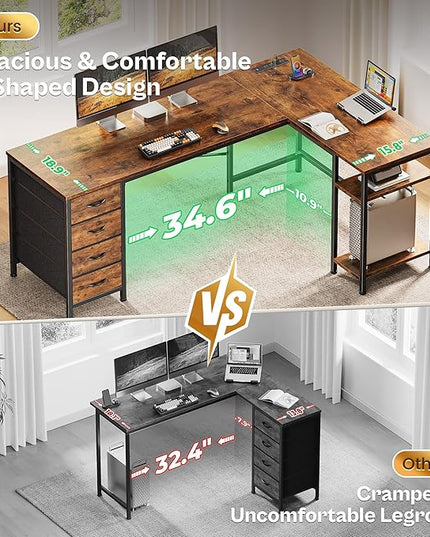 Huuger 63 Inch L Shaped Desk with Fabric Drawers, Computer Office Desk with Power Outlets and USB-C Port, Corner Desk with Storage Shelves, for Gaming Work Study Home Office, Reversible, Rustic Brown