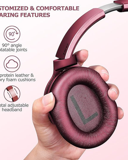 ZIHNIC Active Noise Cancelling Headphones, 40H Playtime Wireless Bluetooth Headset with Deep Bass Hi-Fi Stereo Sound,Comfortable Earpads for Travel/Home/Office (Red)