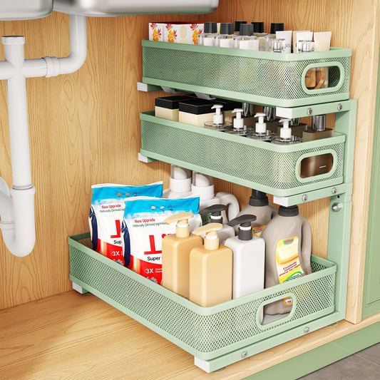Kitstorack Under Sink Organizer, 1-Pack 3-Tier Height Adjustable Thickened Metal Pull out Cabinet Organizer Shelf, Slide out Storage Drawer Rack for Bathroom Kitchen Pantry Home Organization, Green
