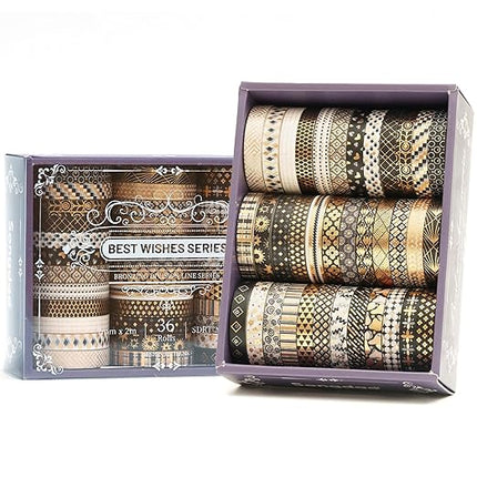Songdao 36 Rolls Skinny Washi Tape Set Gold Foil Detailing Arts Adhesive Tapes Basic Patterns Decorative Masking Tape Sets for Craft, Kids, Scrapbook, DIY, Gift Wrapping (Black & Gold)
