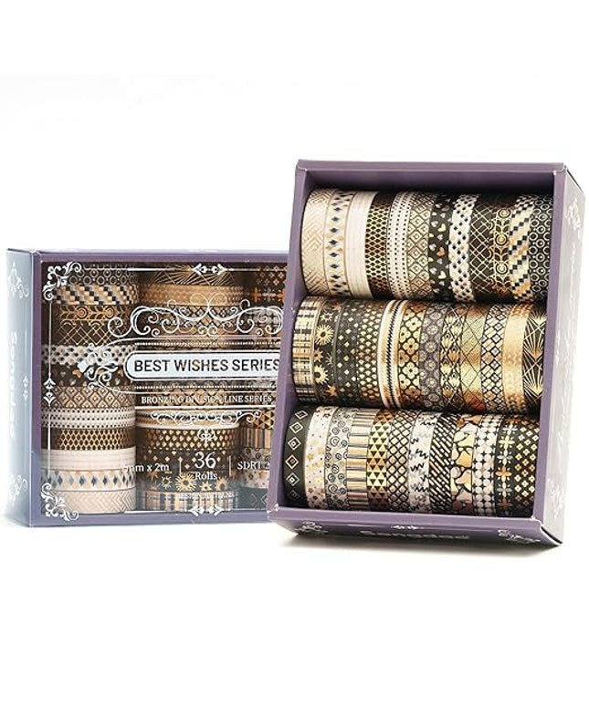 Songdao 36 Rolls Skinny Washi Tape Set Gold Foil Detailing Arts Adhesive Tapes Basic Patterns Decorative Masking Tape Sets for Craft, Kids, Scrapbook, DIY, Gift Wrapping (Black & Gold)