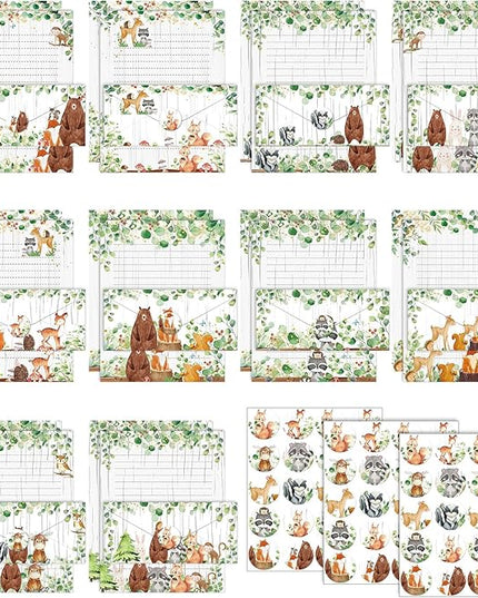 TaoBary 160 Pcs Stationery Paper Set 50 Double Sided Stationery Papers with 50 Matching Envelopes and 60 Round Dot Sticker, 10 Design(Woodland Animal,8.5 x 11 Inch)