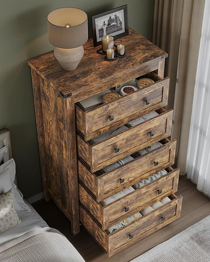 BORNOON Tall 5-Drawer Dresser, Modern Wooden Storage Chest of Drawers, Dresser TV Stand, Wood Drawer Organizer with Metal Handles for Bedroom, Living Room, Hallway