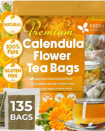 FreshDrinkUS, Premium 135 Calendula Tea Bags, 100% Natural and Pure Calendula Flowers, Eco-conscious Tea Bags. Herbal Tea. No Sugar, No Caffeine, No Gluten, Vegan.